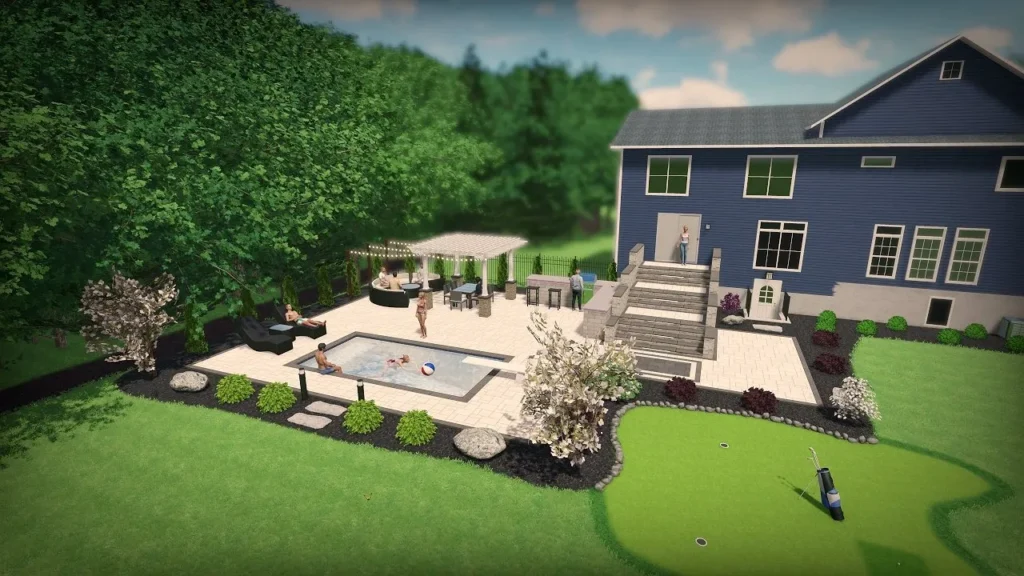 Backyard scene with a rectangular pool, patio seating under a pergola, and a blue two-story house with steps leading to the deck.