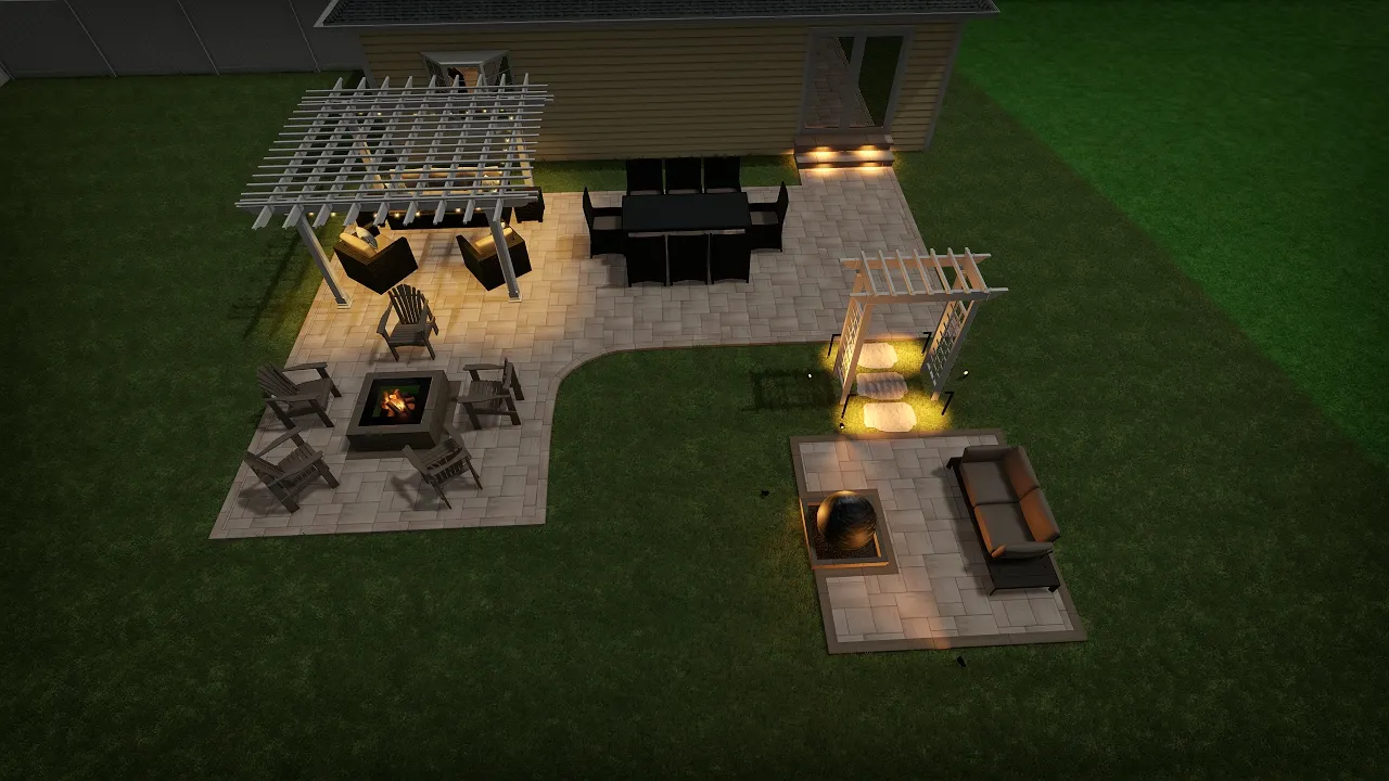 Backyard patio with a central fire pit surrounded by chairs, a shaded pergola, and a dining table under string lights at dusk.