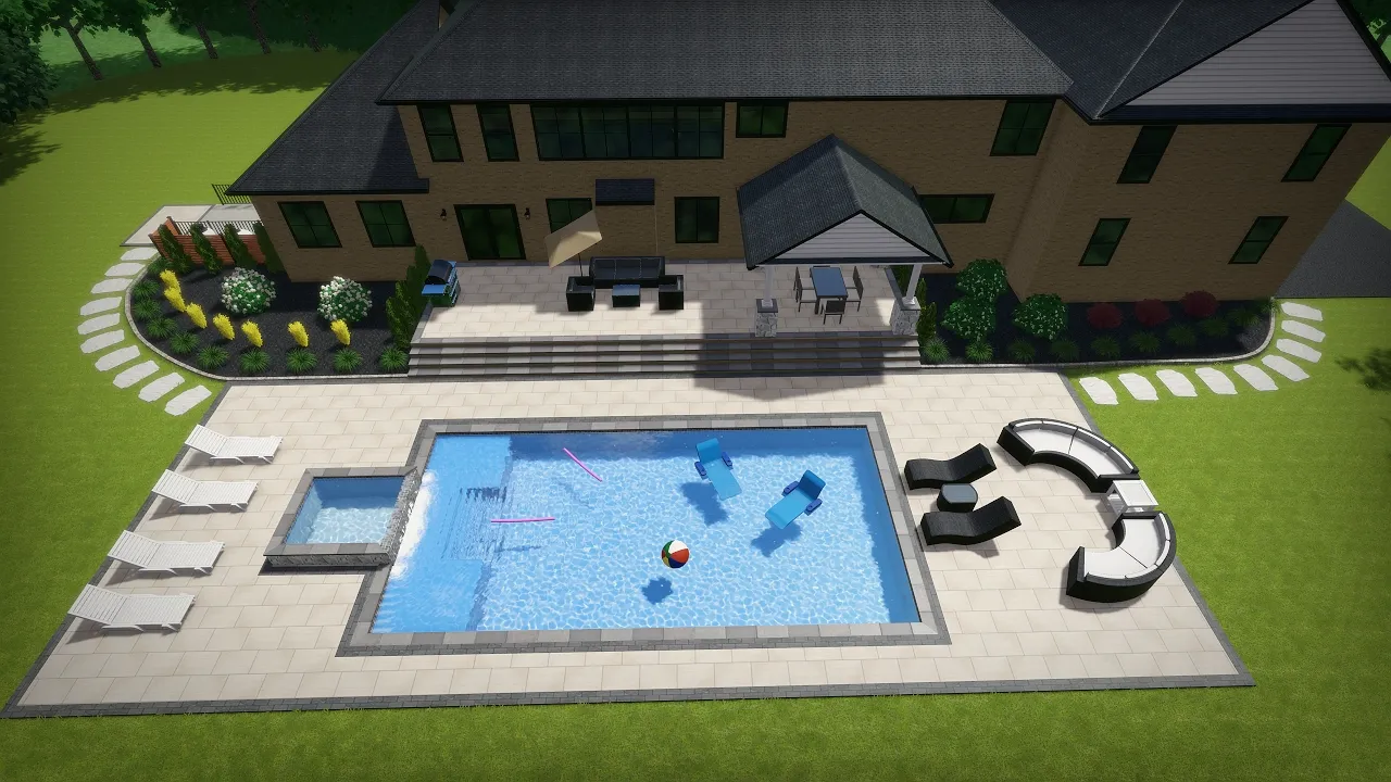 A modern backyard with a rectangular in-ground pool, built-in hot tub, surrounded by a tiled patio and a lawn. Lounge chairs and a curved seating area sit near the pool, with a two-story house and outdoor dining area in the background.